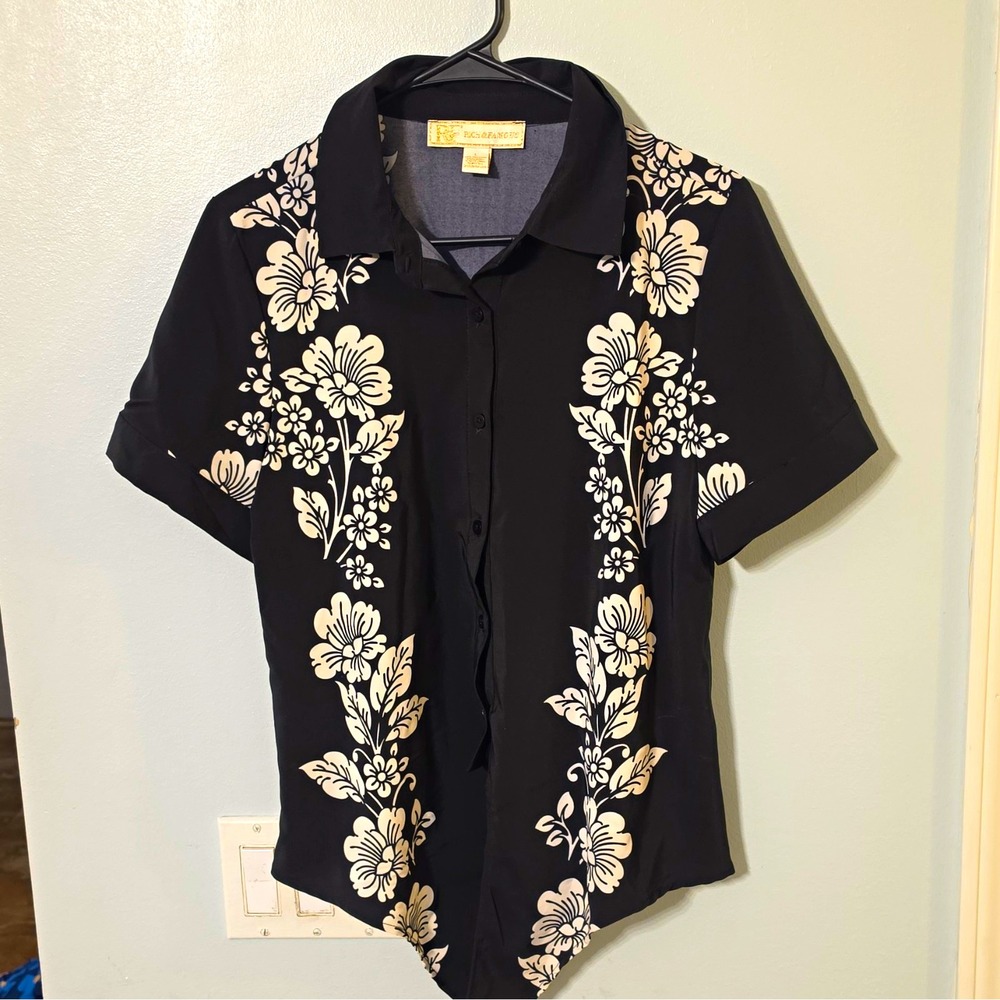 Rich & Famous Men's Woven SS Button-Up Hawaiian Floral L Black/White #167